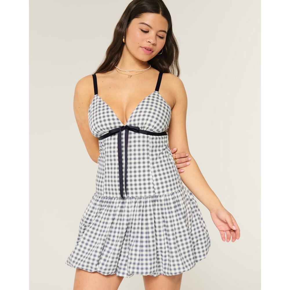 Hollister White Black Plaid Mini Dress Women Smocked Back S - C022